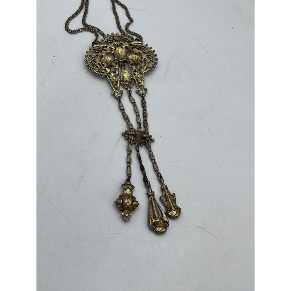 Vintage Signed ART Arthur Pepper VICTORIAN Style Necklace Gold 3 Tier Pendants - Picture 14 of 16
